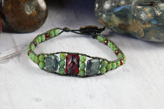 Green Rustic Kambaba Jasper and Glass Bracelet