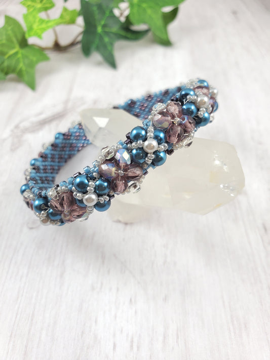 Embellished Teal, Gray & Purple Peyote Bangle