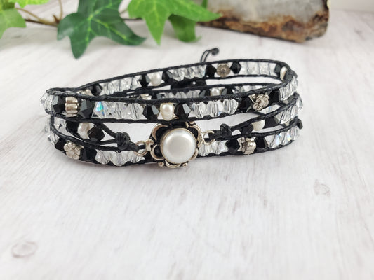 Black and White Crystal Triple Wrap Leather Bracelet with Pearl Flower Focal