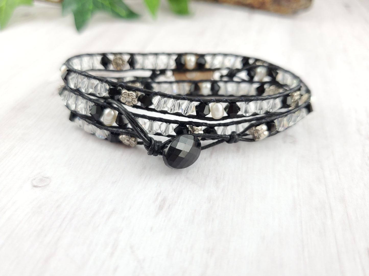 Black and White Crystal Triple Wrap Leather Bracelet with Pearl Flower Focal