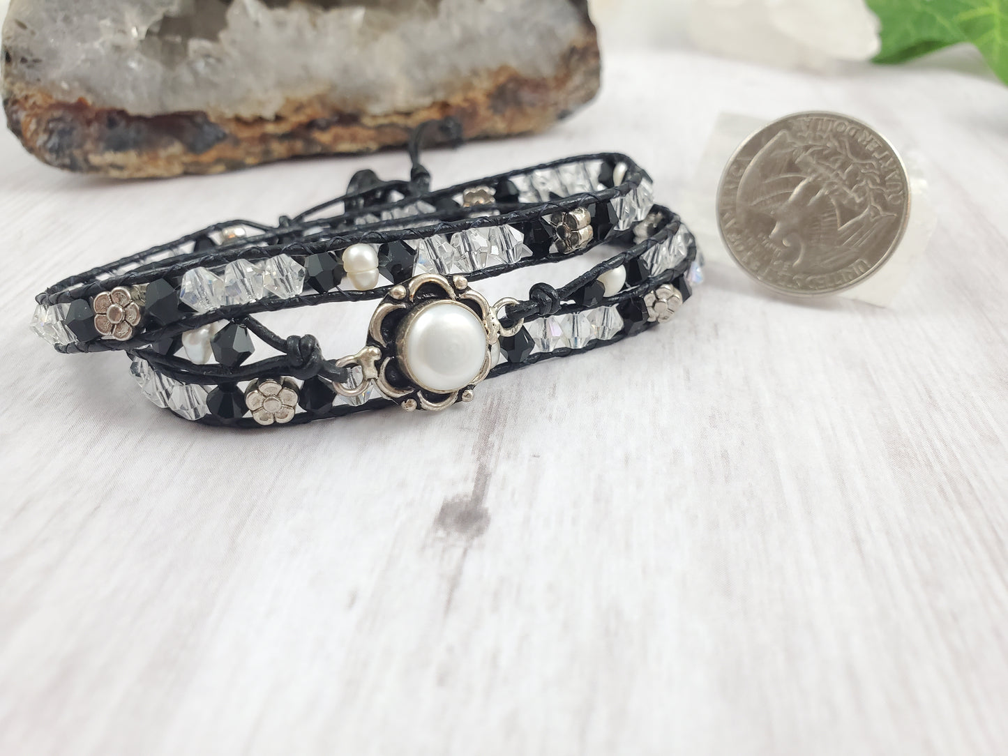 Black and White Crystal Triple Wrap Leather Bracelet with Pearl Flower Focal