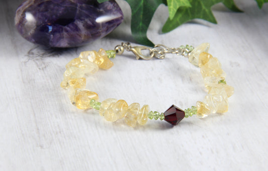 Peridot and Citrine bracelet with Ruby Red Swarovski Accent