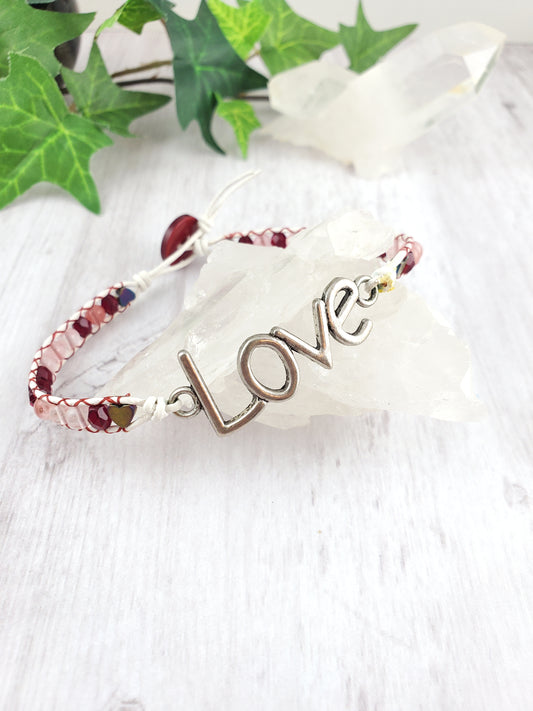 Red, Pink and white Love Leather Wrap Bracelet