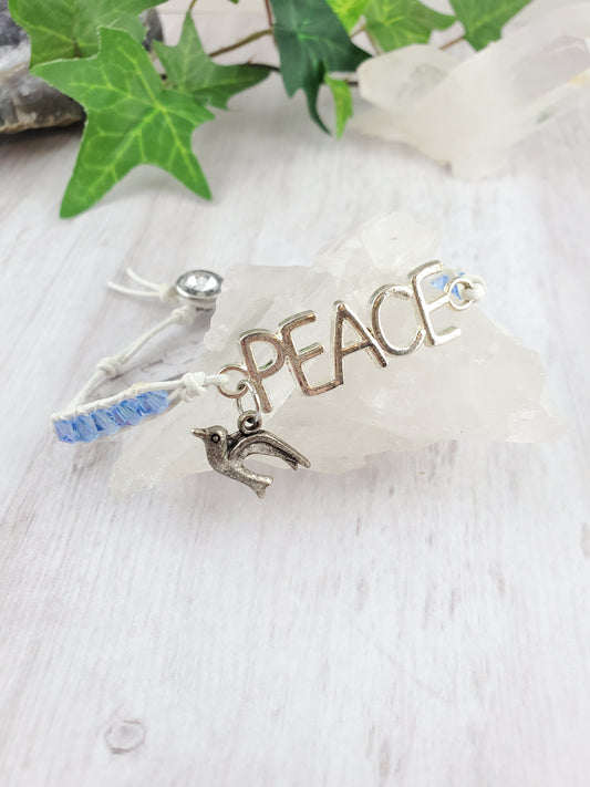 Blue and White Peace Leather Wrap Bracelet with Dove Charm