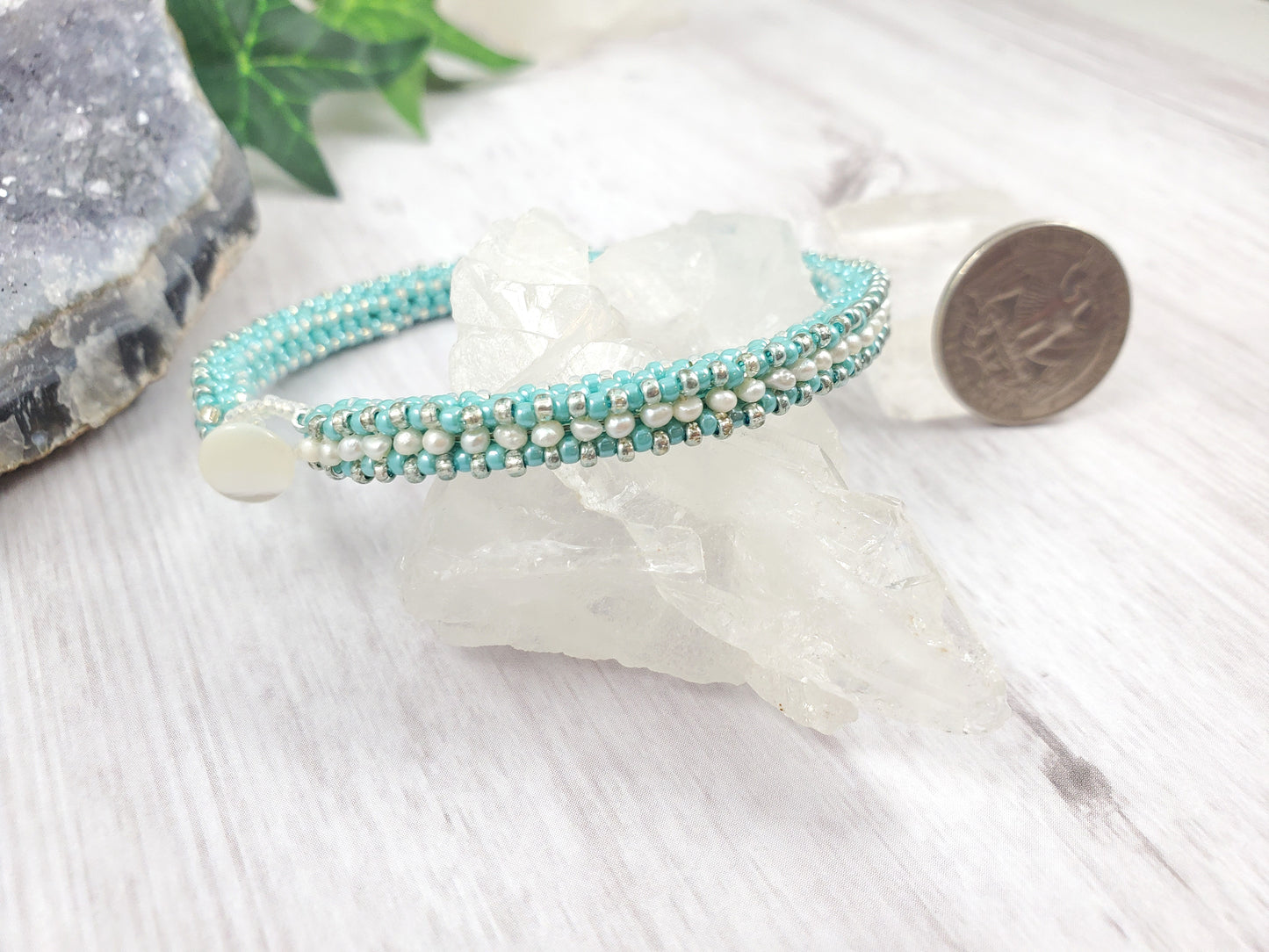 Light Blue and Freshwater Pearl Tennis Bracelet with Mother of Pearl Button