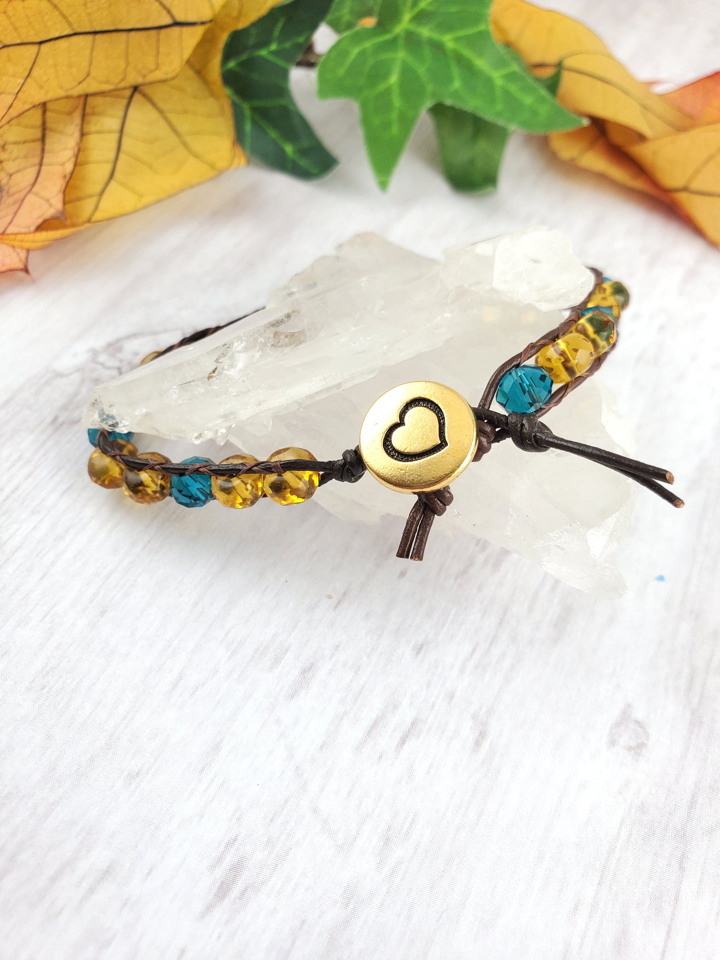 Warm Amber and Teal Leather Wrap Bracelet