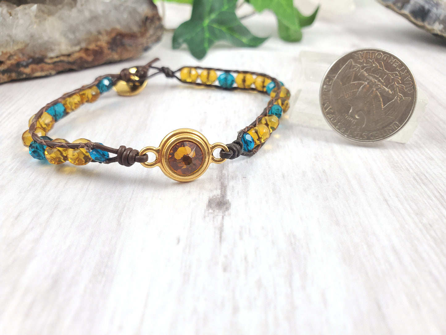 Warm Amber and Teal Leather Wrap Bracelet