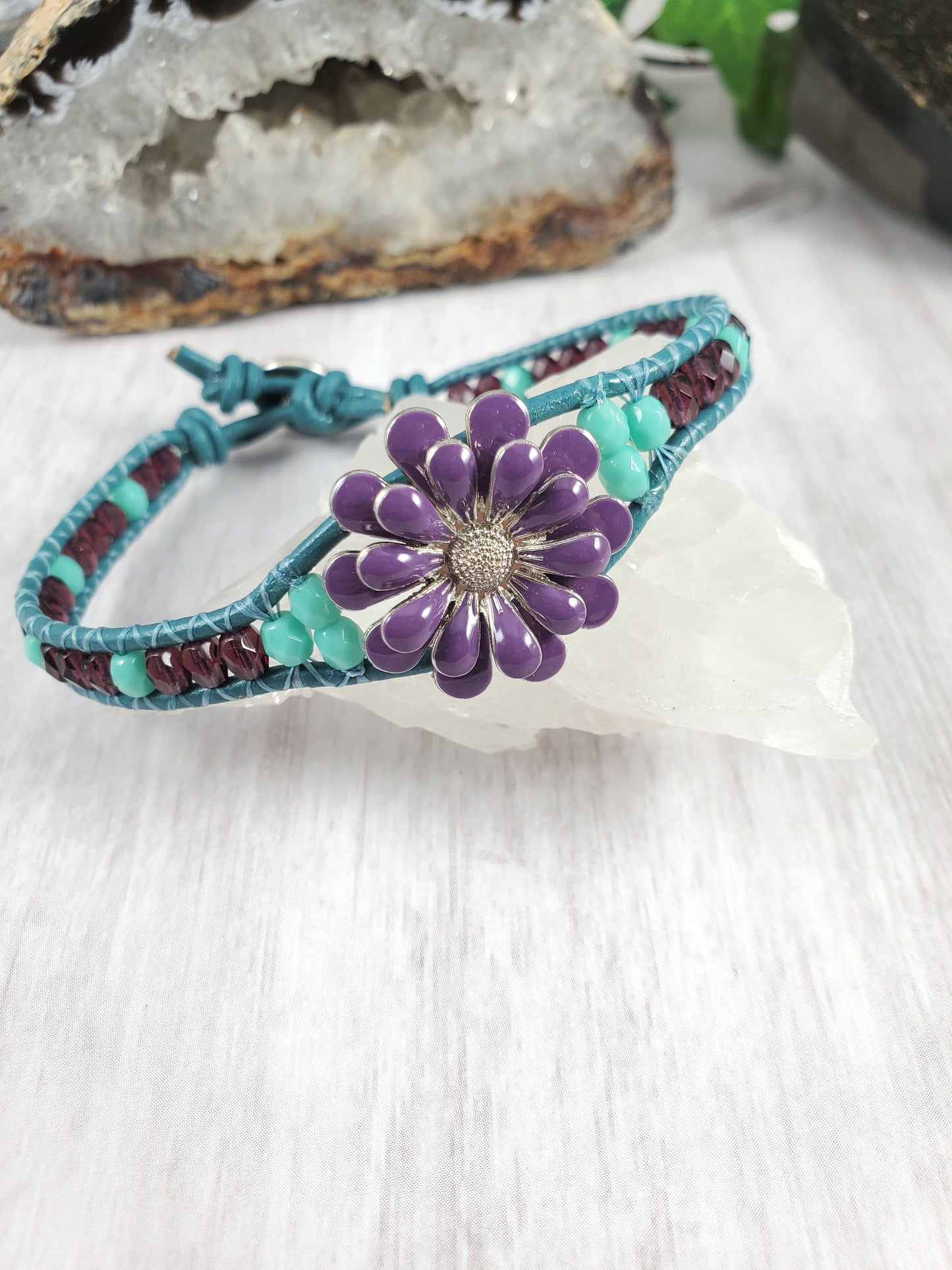 Teal and Purple Enameled Flower Leather Bracelet Silver Accents