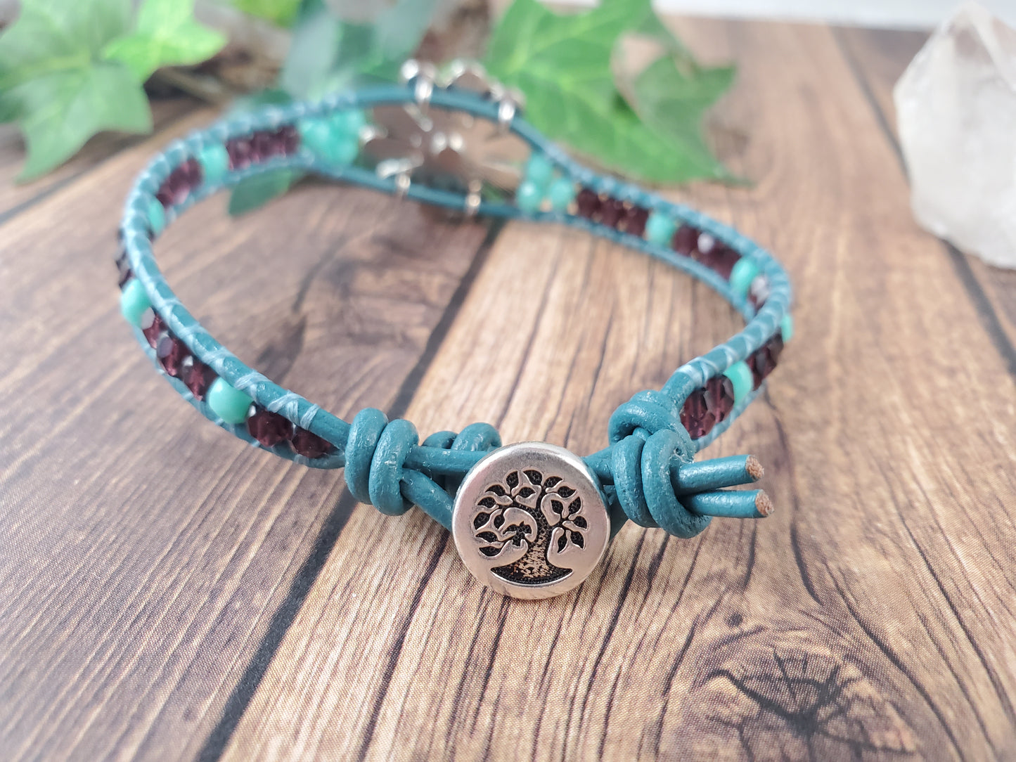 Teal and Purple Enameled Flower Leather Bracelet Silver Accents