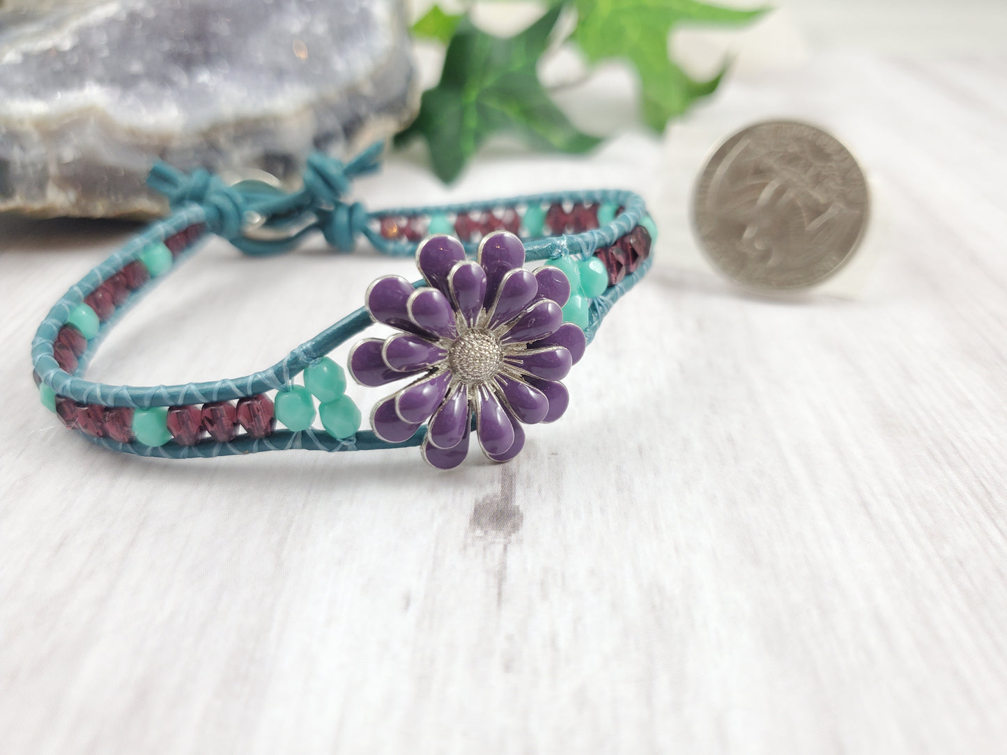 Teal and Purple Enameled Flower Leather Bracelet Silver Accents