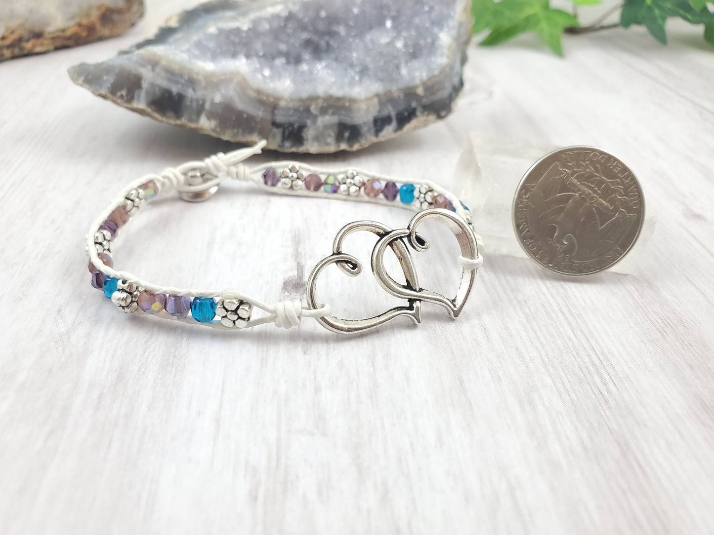 White, Purple and Blue Double Heart Wrap Bracelet