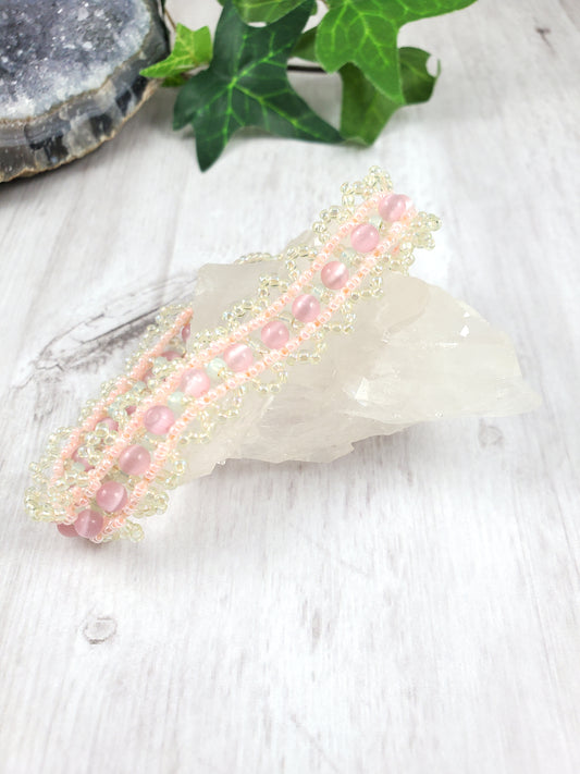 Pink Cats Eye and Pale Green Woven Victorian Lace Bracelet