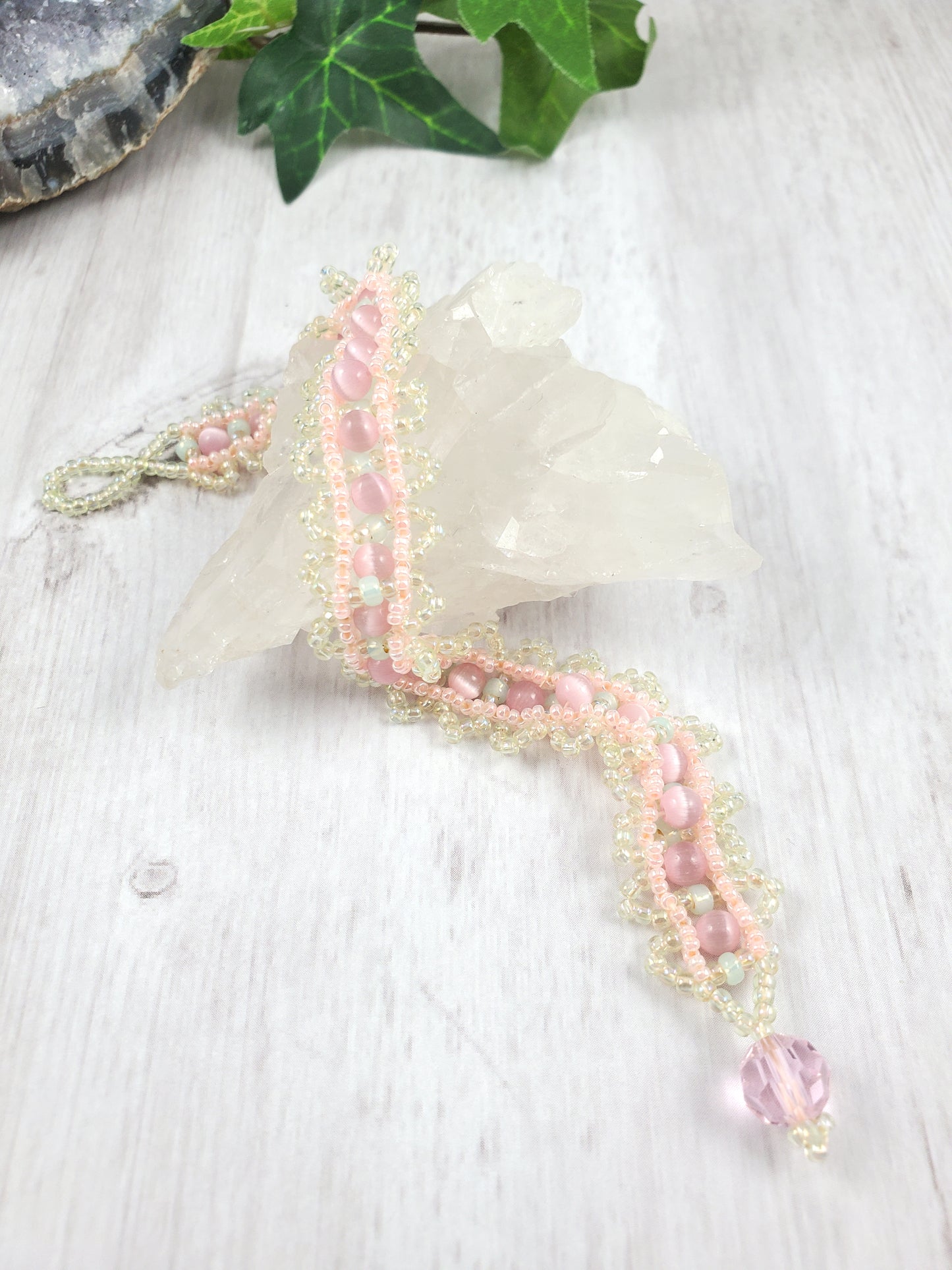 Pink Cats Eye and Pale Green Woven Victorian Lace Bracelet