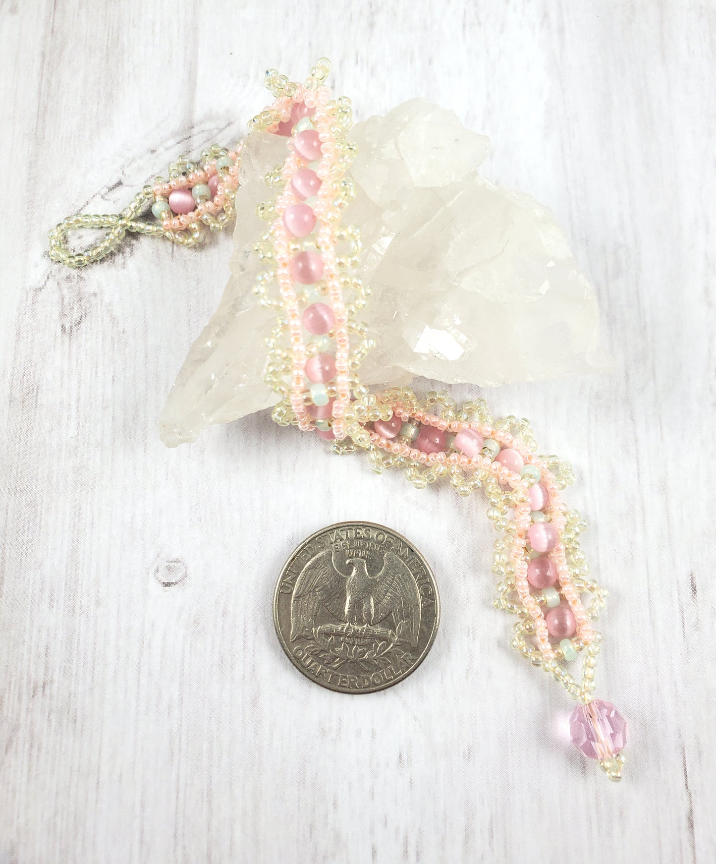 Pink Cats Eye and Pale Green Woven Victorian Lace Bracelet