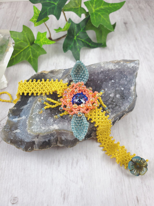 Coral, Yellow and Blue Flower Trellis Woven Bracelet