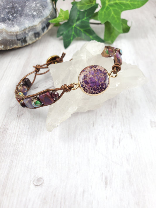 Boho Round Purple Focal Leather Bracelet with Cloisonne and Jasper