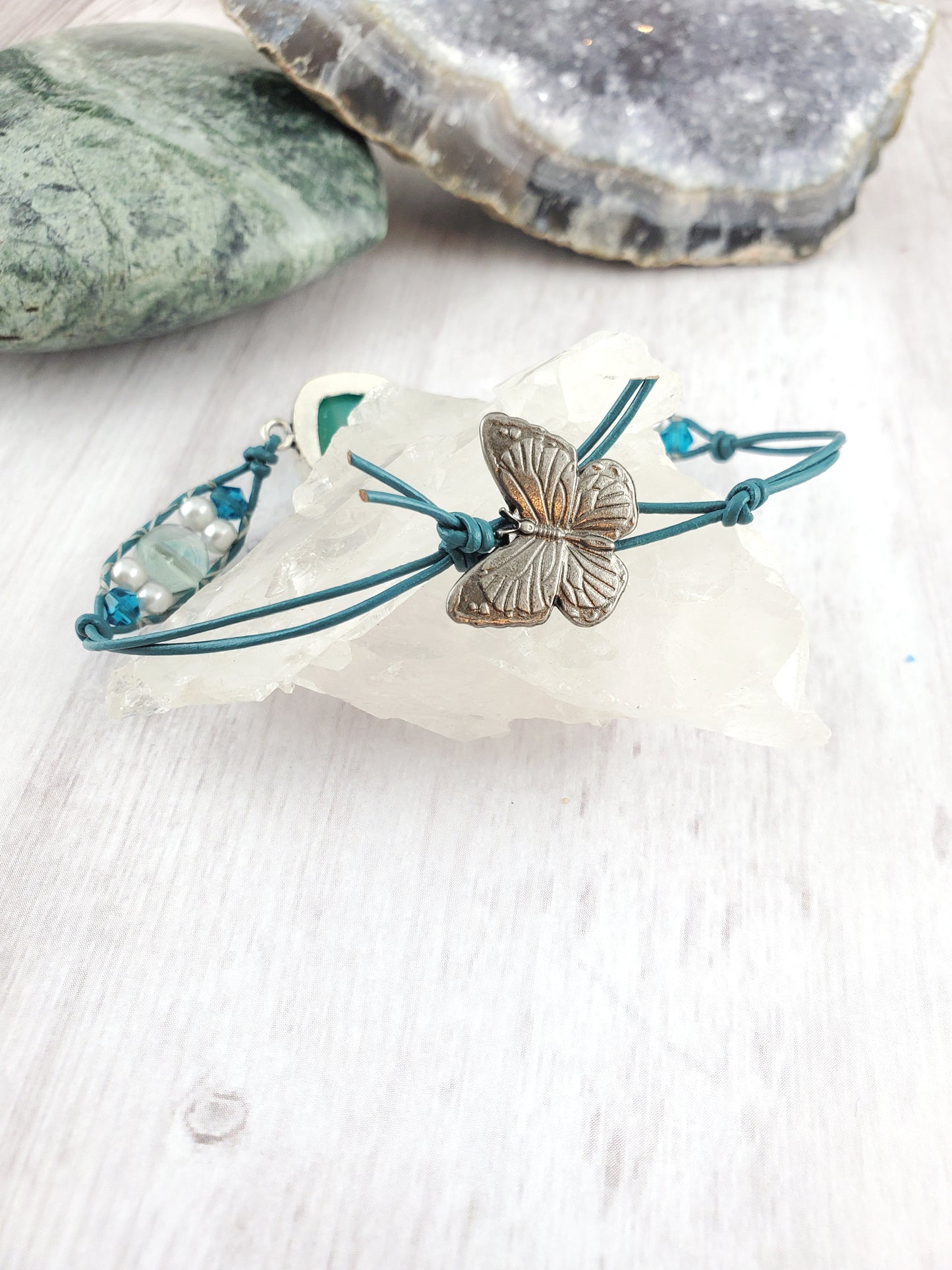 Teal and Aqua Agate Butterfly Leather Wrap Bracelet