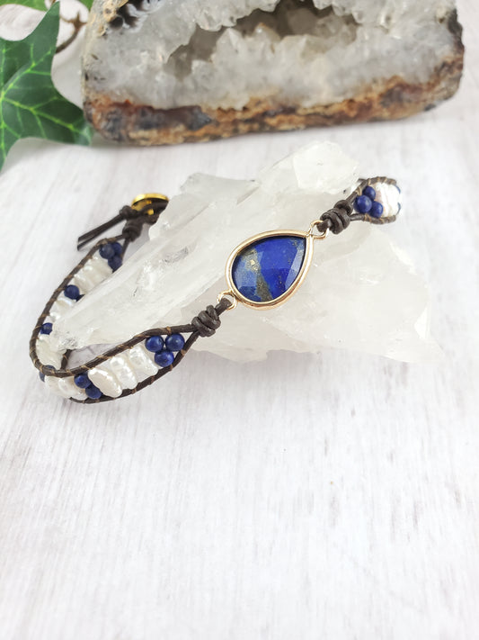 Faceted Lapis Pear Focal Bracelet with Freshwater Pearls