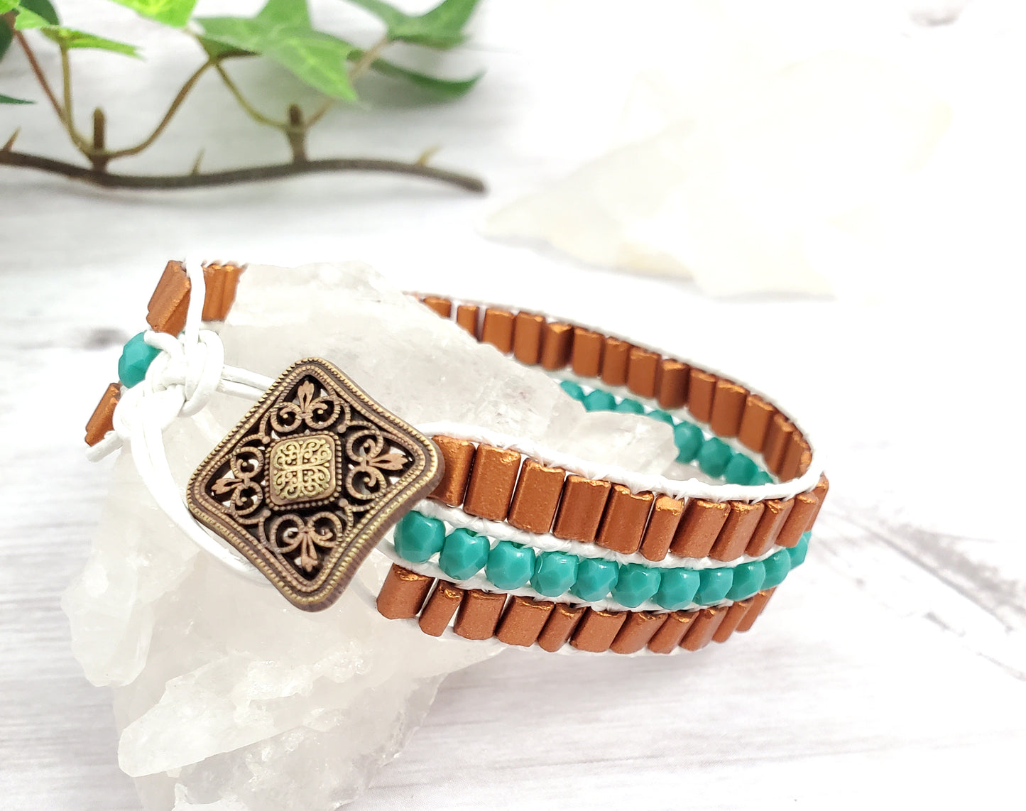 White, Aqua, and Copper Leather Cuff Bracelet