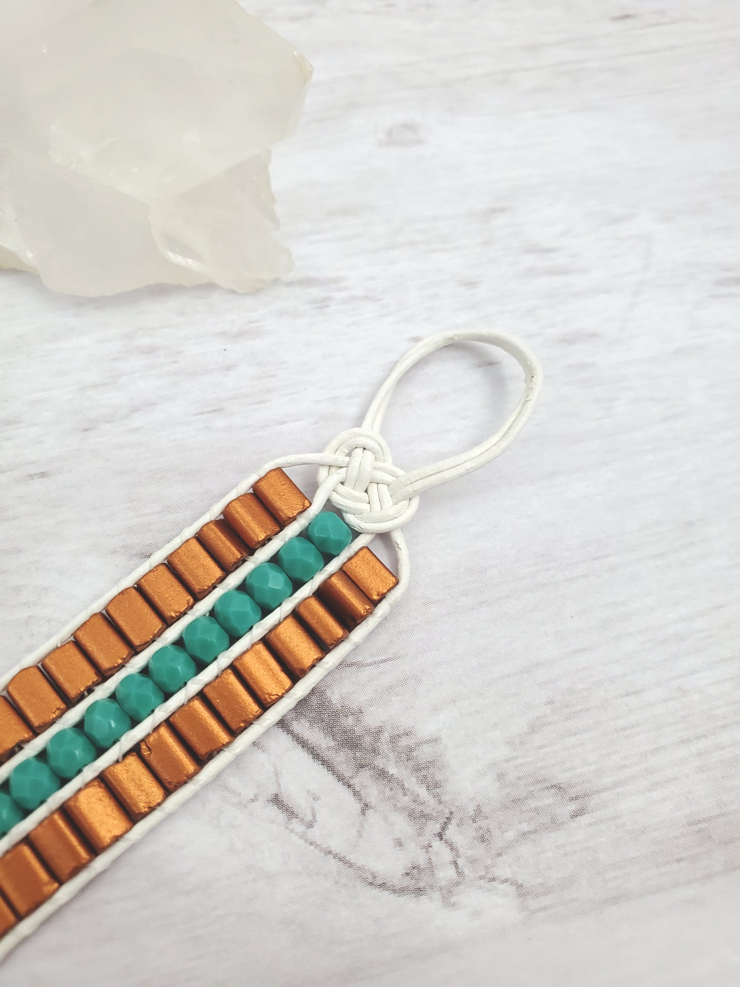 White, Aqua, and Copper Leather Cuff Bracelet