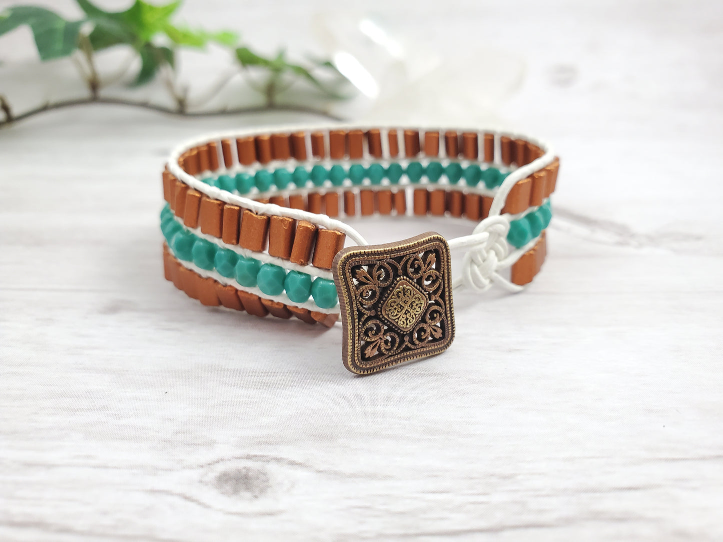 White, Aqua, and Copper Leather Cuff Bracelet