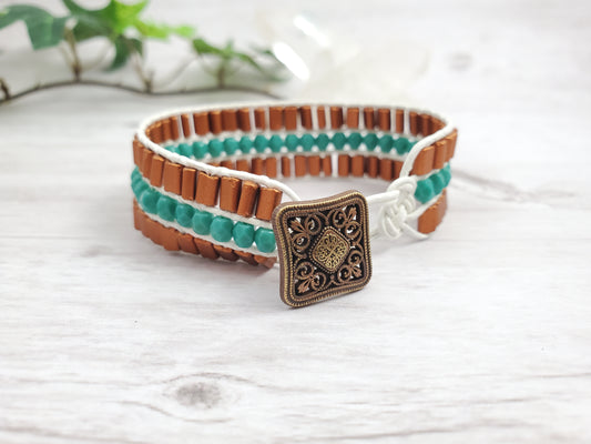 White, Aqua, and Copper Leather Cuff Bracelet