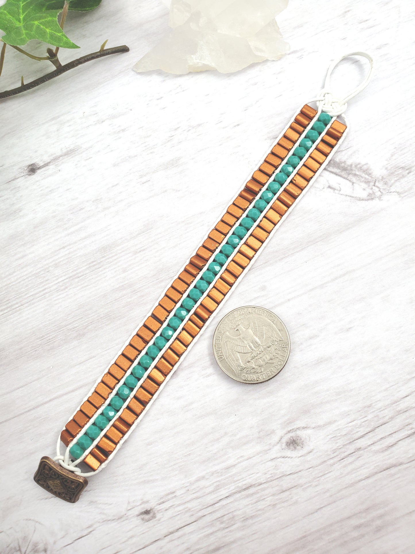 White, Aqua, and Copper Leather Cuff Bracelet