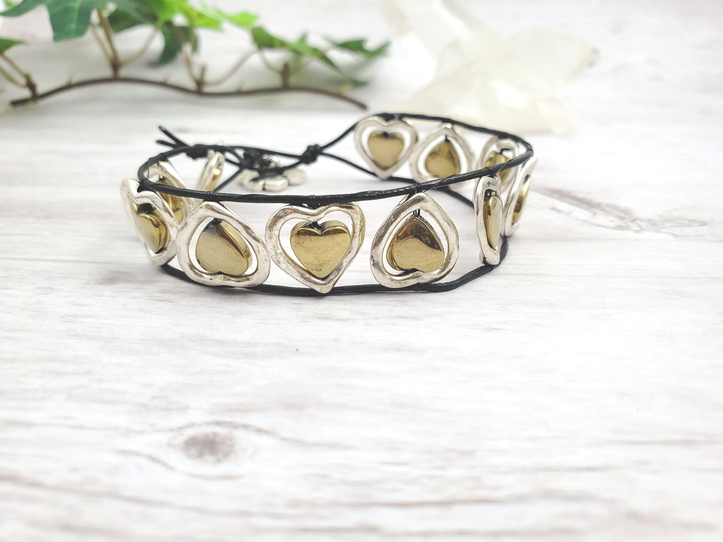 Two-Tone Metals Heart Leather Bracelet with Flower