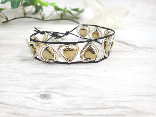 Two-Tone Metals Heart Leather Bracelet with Flower