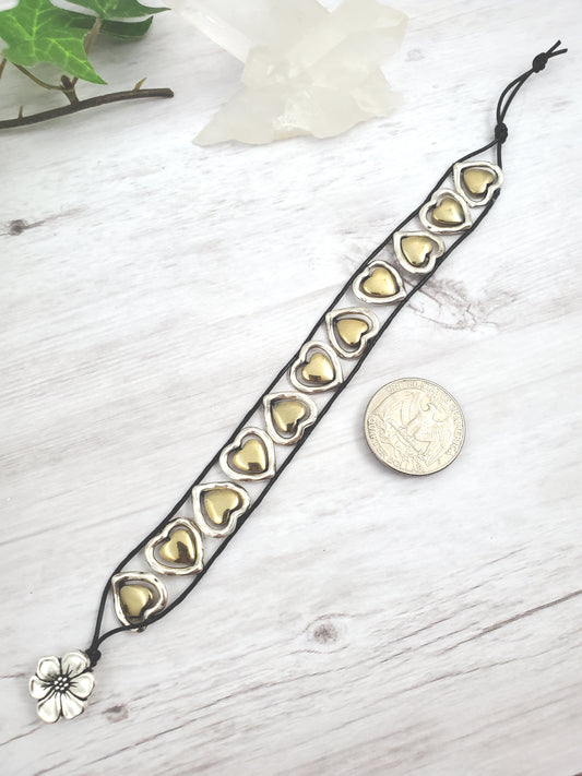 Two-Tone Metals Heart Leather Bracelet with Flower