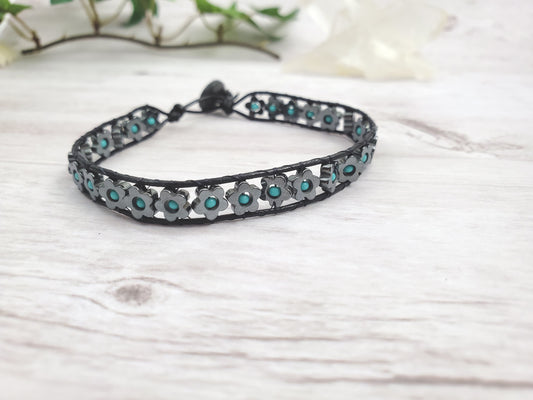 Goth Hematite and Turquoise Flower Leather Bracelet