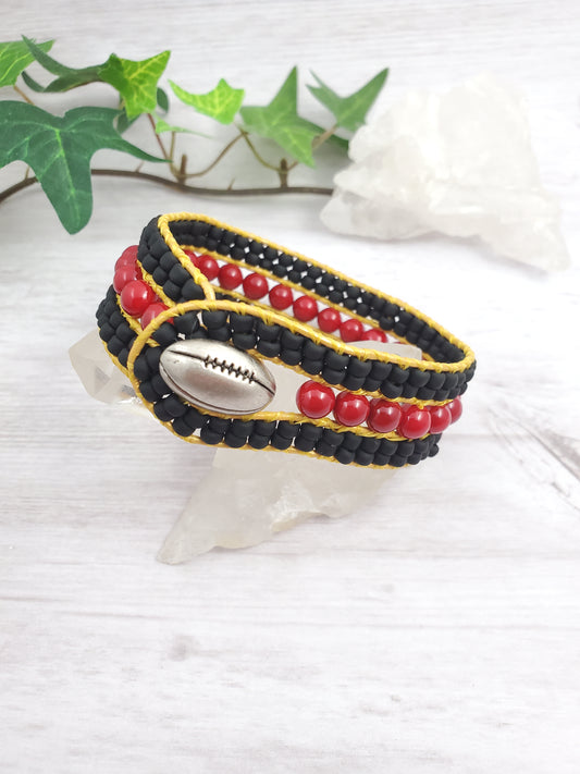 Burgundy and Gold Football Team Theme Leather Cuff Bracelet