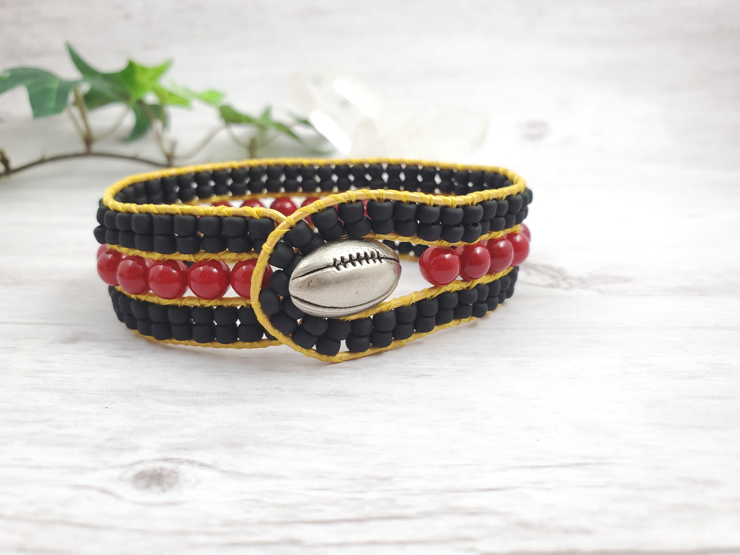 Burgundy and Gold Football Team Theme Leather Cuff Bracelet