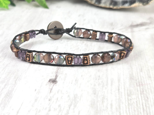 Purple Glass and Copper Leather Wrap Bracelet