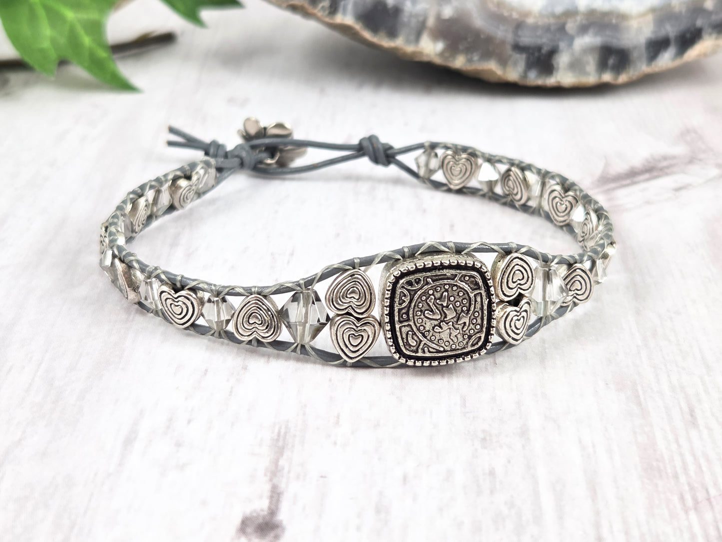 Grey and Silver Hearts Leather Wrap Bracelet with Vintage Glass