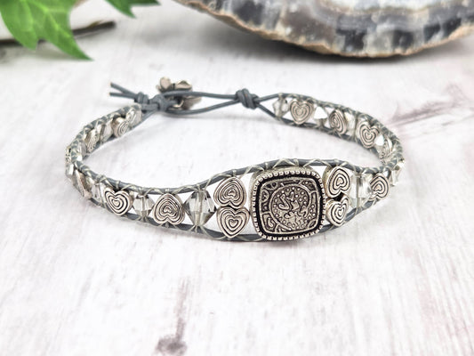 Grey and Silver Hearts Leather Wrap Bracelet with Vintage Glass