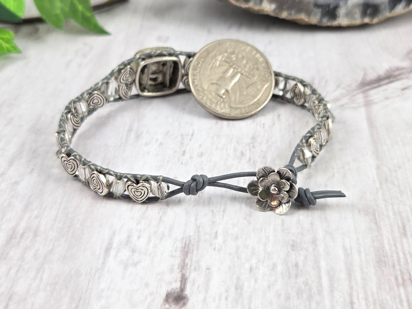 Grey and Silver Hearts Leather Wrap Bracelet with Vintage Glass