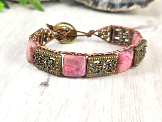 Pink Agate Leather Wrap Bracelet with Pierced Antique Bronze Components