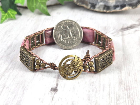 Pink Agate Leather Wrap Bracelet with Pierced Antique Bronze Components