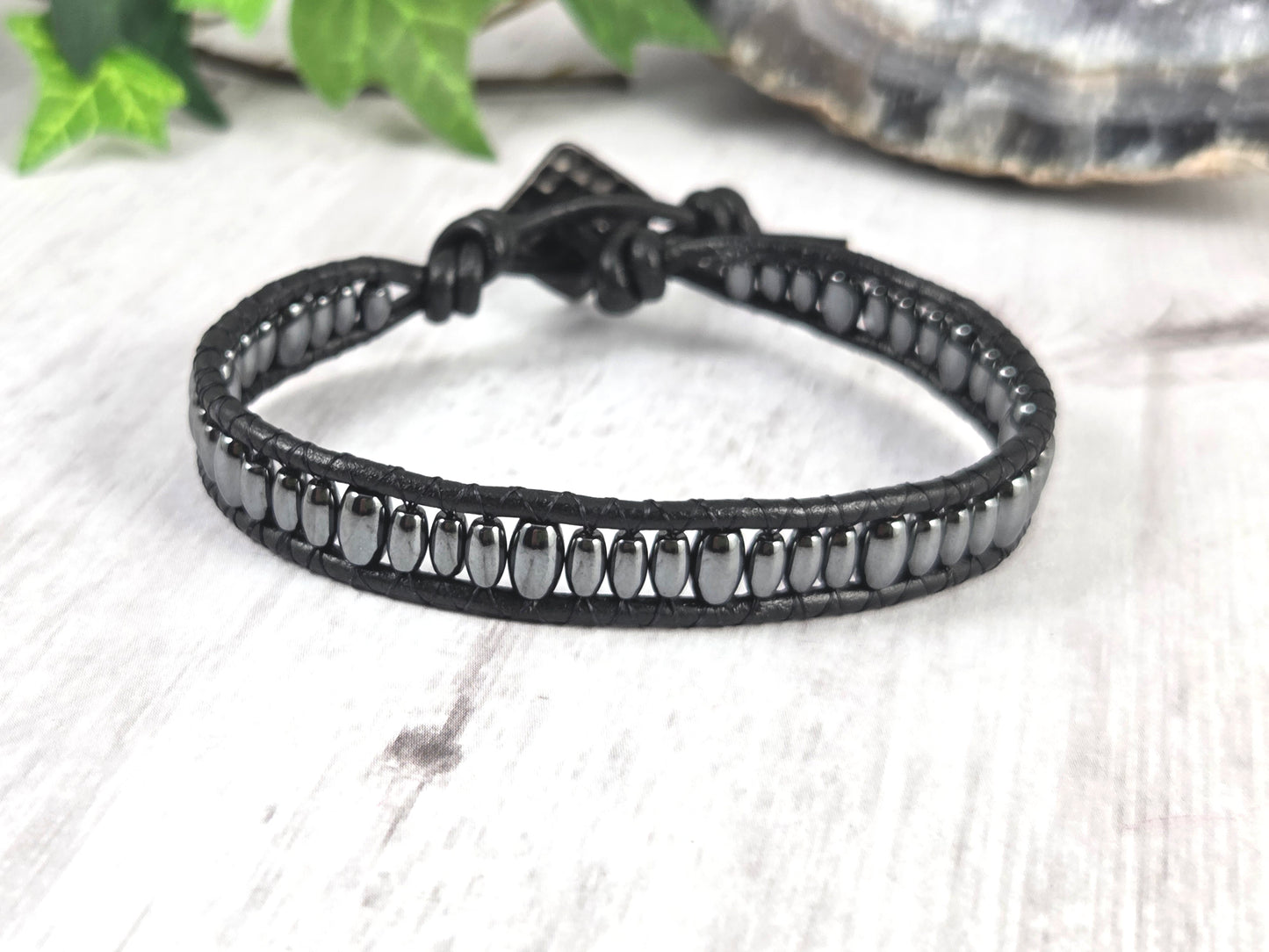 Hematite Rice Bead Leather Bracelet