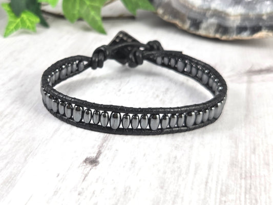 Hematite Rice Bead Leather Bracelet