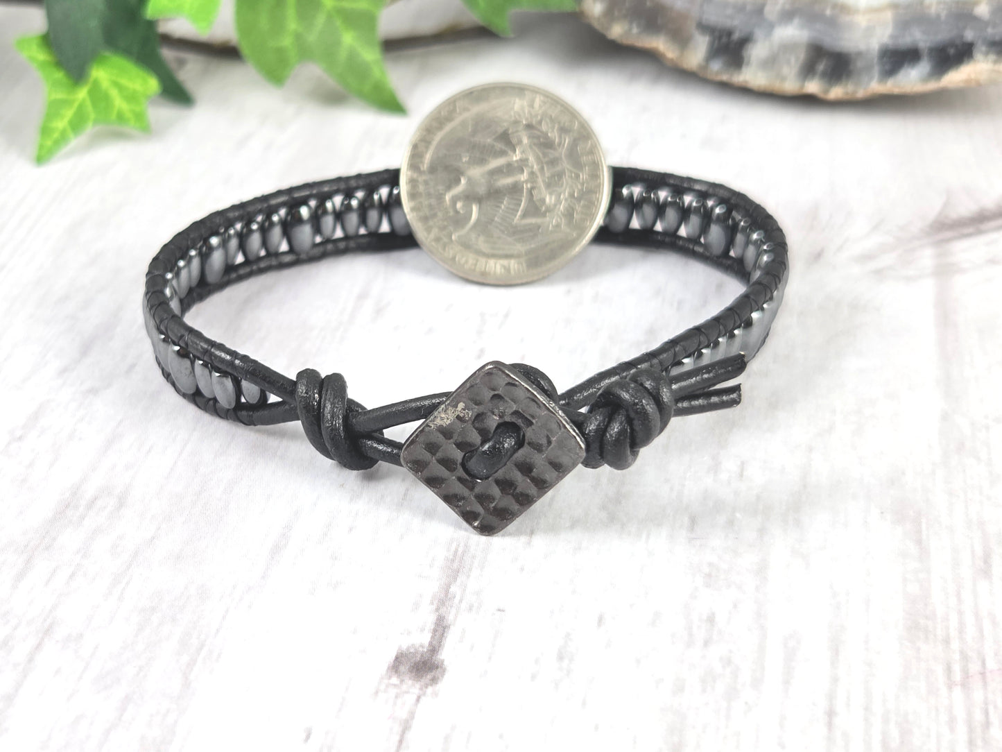 Hematite Rice Bead Leather Bracelet