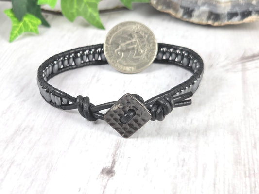 Hematite Rice Bead Leather Bracelet