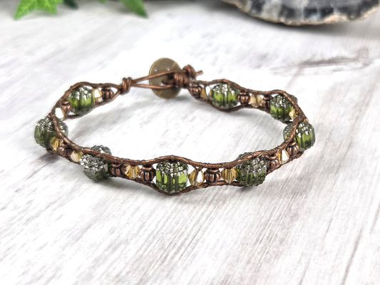 Wavy Green, Brown, Yellow Cathedral Bead Leather Wrap Bracelet
