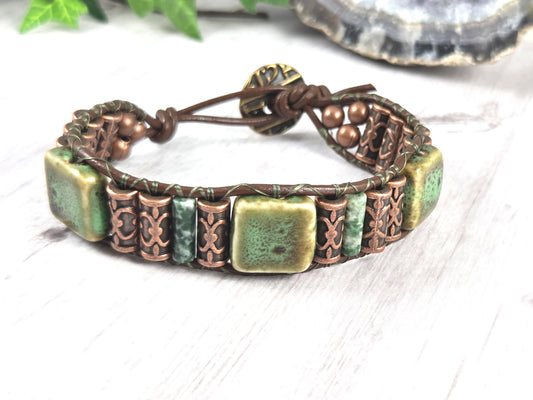 Green and Copper Tribal Earthy Leather Bracelet