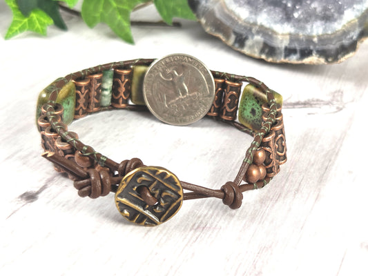 Green and Copper Tribal Earthy Leather Bracelet