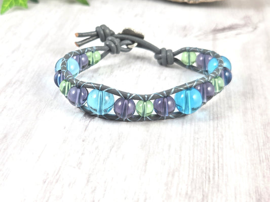 Blue, Purple, Green & Grey Wavy Glass Leather Bracelet