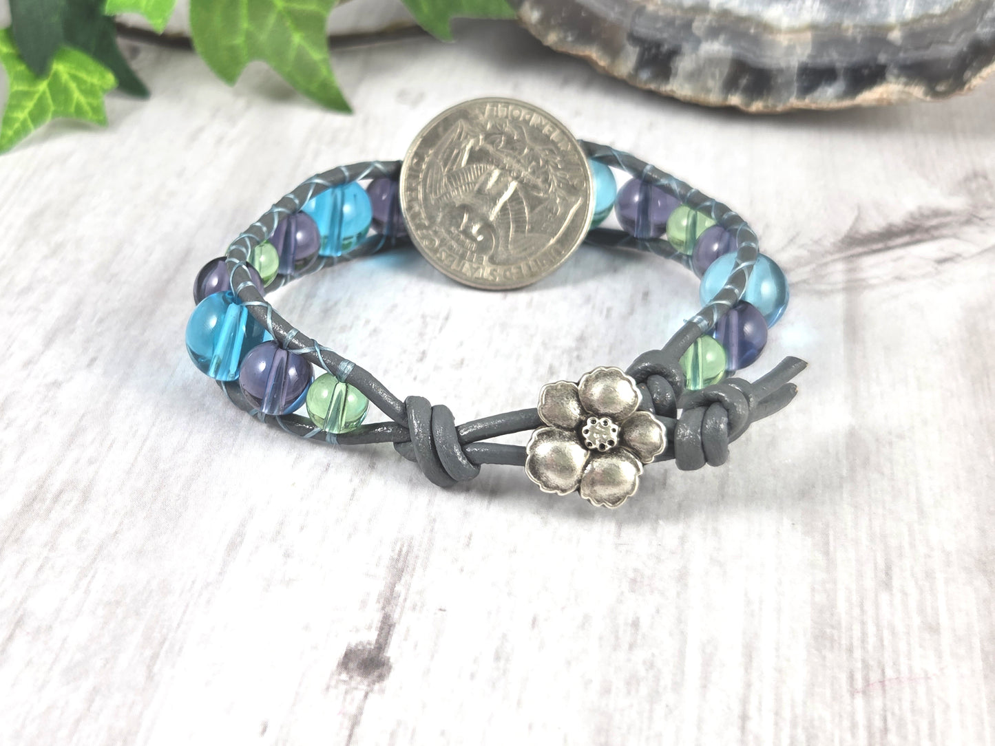Blue, Purple, Green & Grey Wavy Glass Leather Bracelet