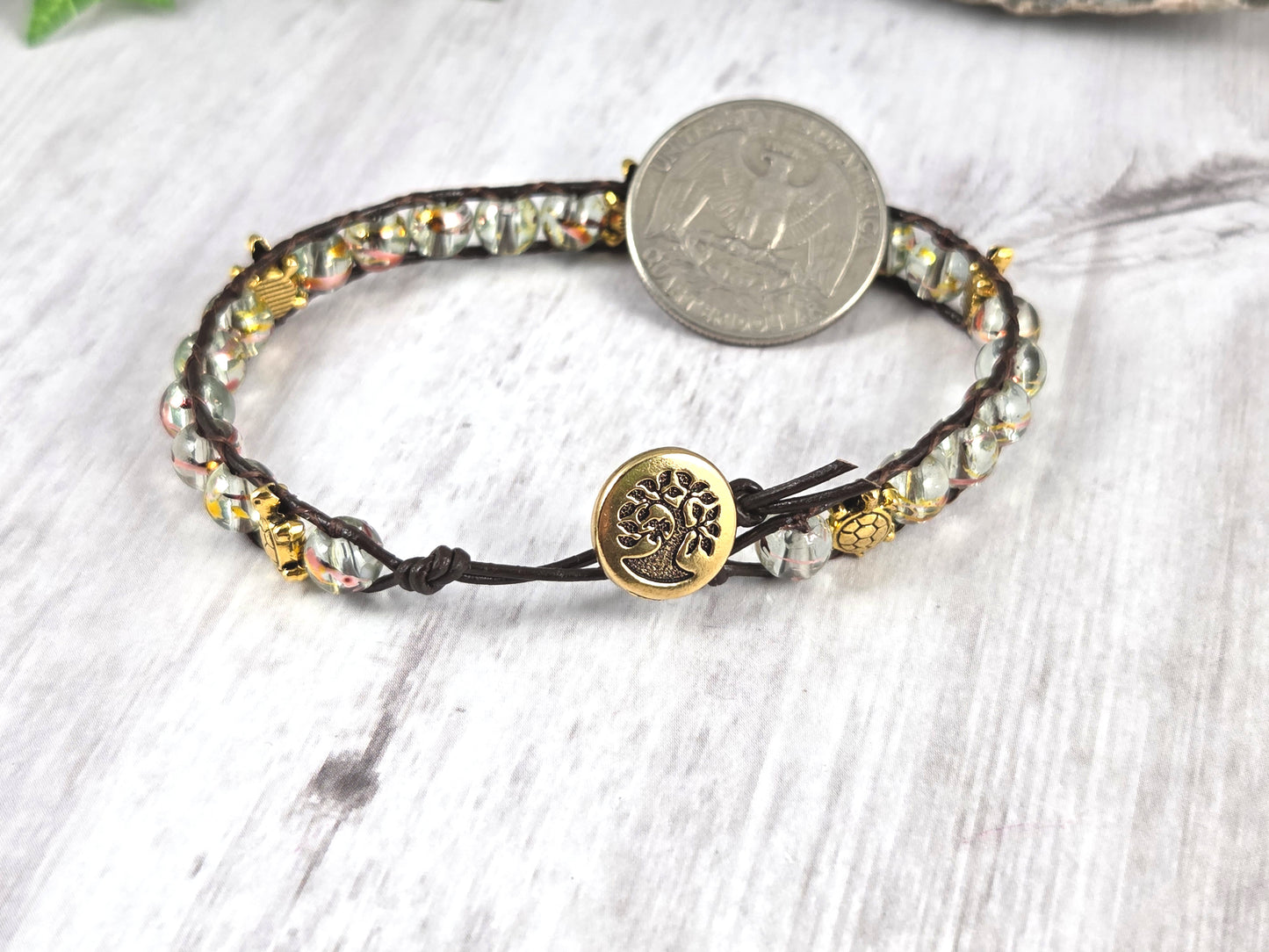 Gold and Clear Turtle Leather Bracelet