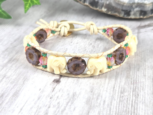 White Elephant Leather Bracelet with Purple Czech Flowers and Peach Accents